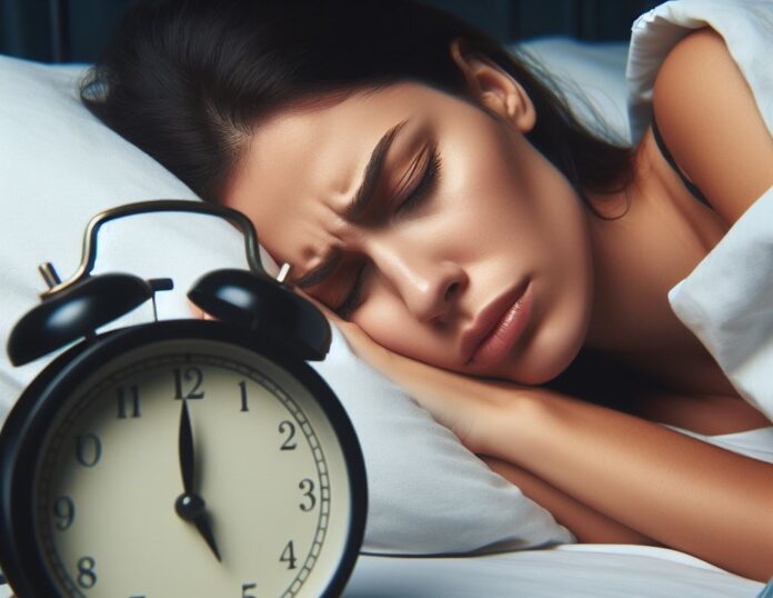insonnia e perdere peso - una donna distesa a letto, con gli occhi chiusi e l'espressioni crucciata, sotto le coperte non riesce a dormire , vicino a lei una sveglia che segna le tre - Immagine di copertina generata con IA Bing