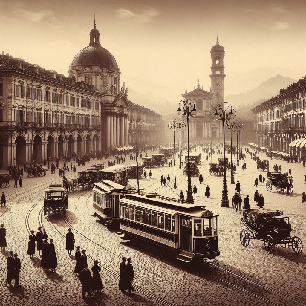 torino di fine ottocento color seppia imamgine creta con IA con tram e carrozz