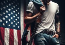born in the u.s.a. - un musicista abbigliato con jeans e maglietta bianca con la chitarra elettrica a tracolla sullo sfondo la bandiera a stelle e strisce