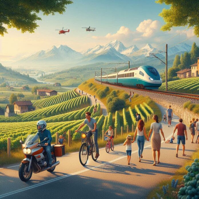 gite fiori porta piemonte immagine creata con AI con treno persone a piedi bici e moto in un paesaggio delle langhe con vogneto