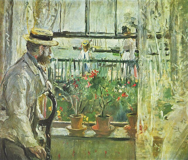Berthe_Morisot_-_Eugene_Manet_a_lile_de_Wight un uomo appaoggato al vetro di una finestra immagine pubblico dominio licenza CC