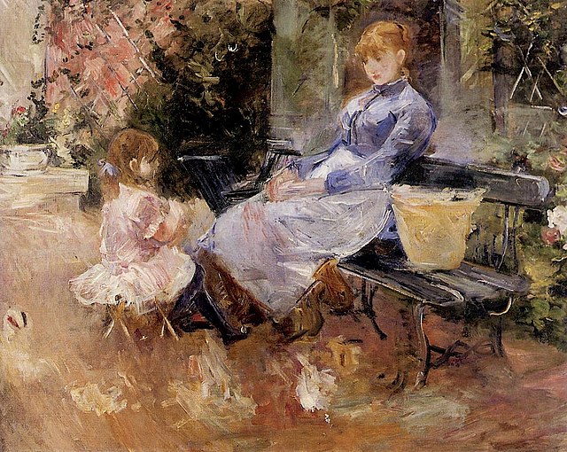 la favola pittura a oloio una donna seduta fuori da una casa raaconta una favola a una piccola bambina