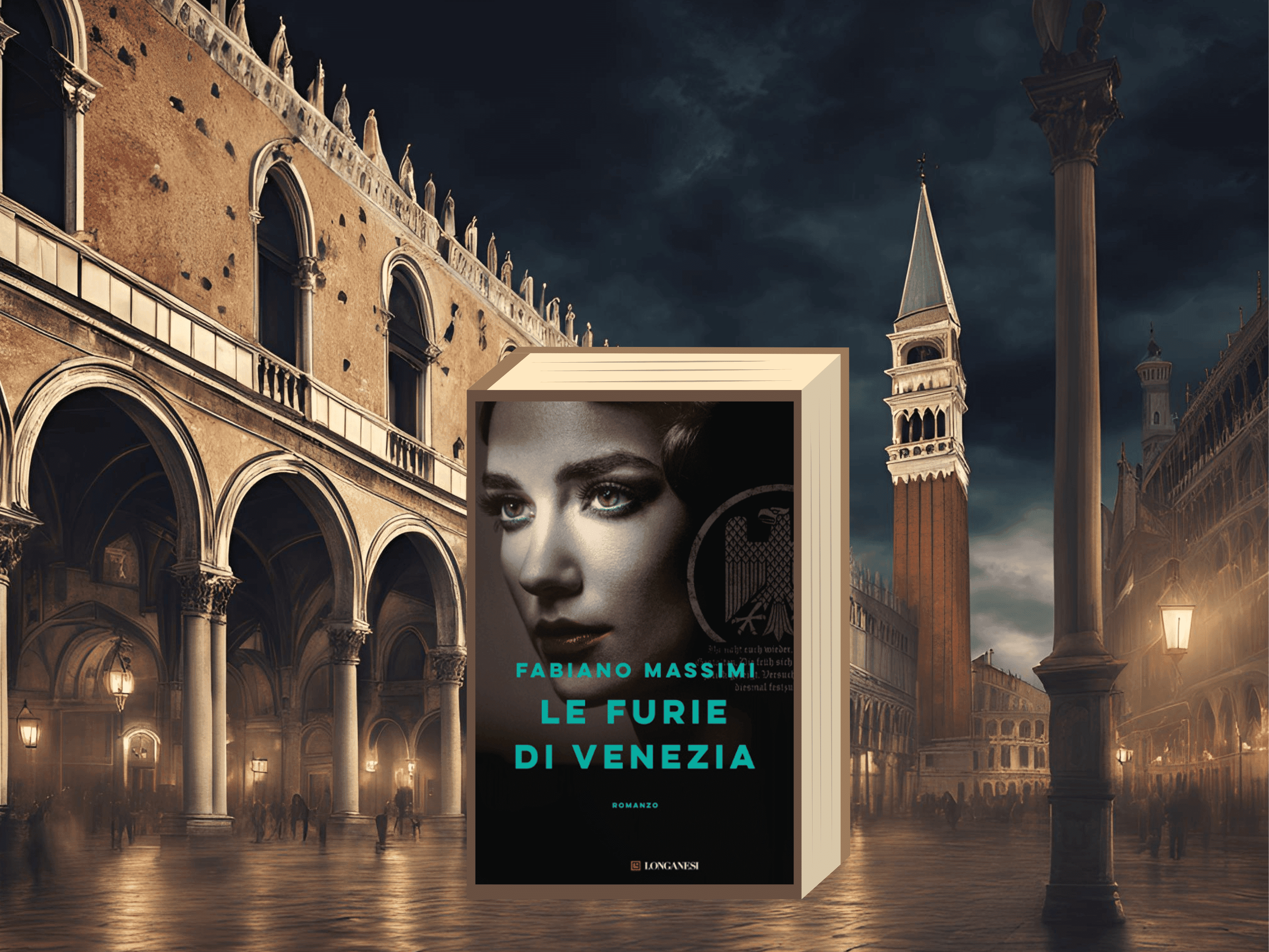 un immagine di veenzia di notte inizi novecento con il libro le furie di venezia in rimo piano immagine Venezia AI
