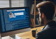 truffe online - un uomo di spalle sta scrivendo sulla tastiera di un pc e sullo schermo una mail pishing