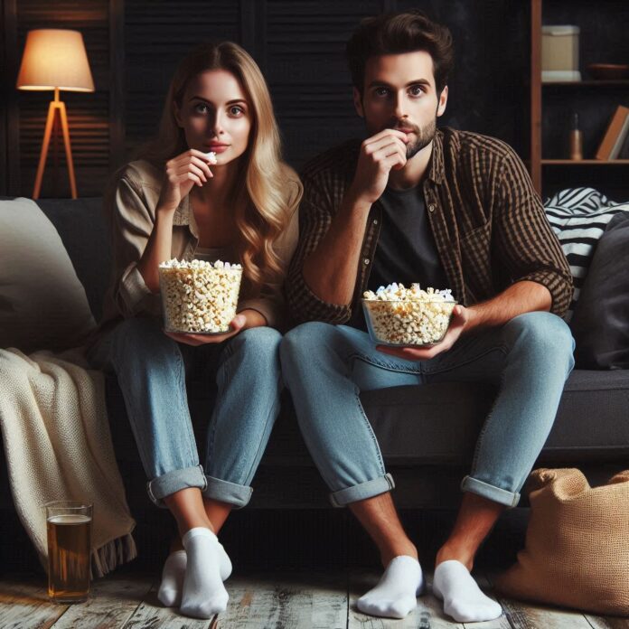 5 serie tv - un ragazzo e una ragazza intenti a mangiare popcorn, seduti sul divano