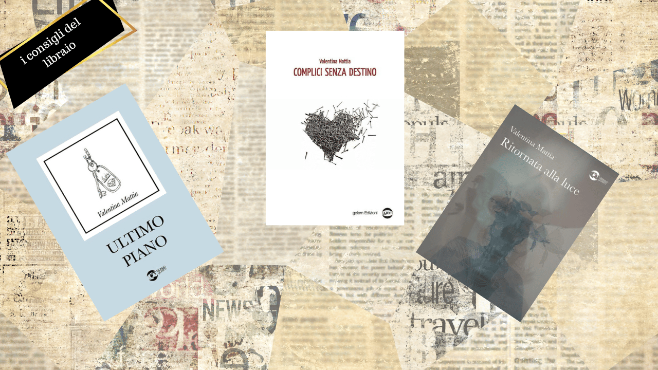 uno sfondo di articoli fi girnlae con le copertine dei libri di VAlentina MAttia
