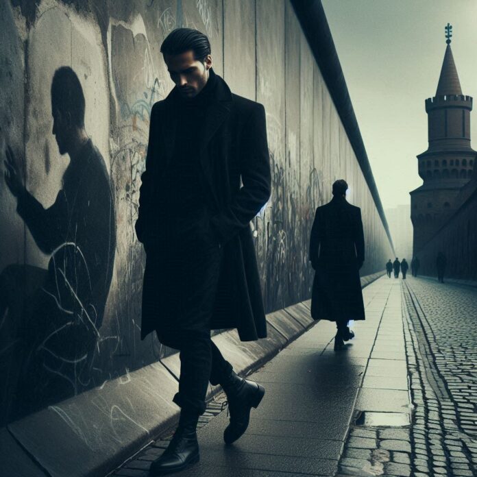 garbo - nella foto due uomini vestiti di scuro che camminano sotto il muro di berlino
