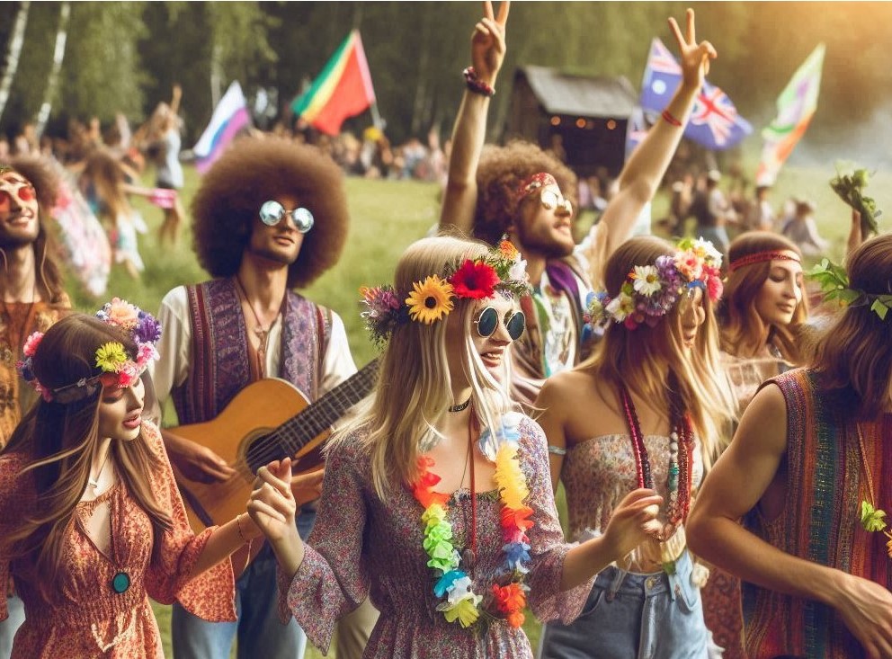To beat or not to beat - delle ragazze vestite estive con dei fiori in testa e al collo , grandi occhiali da sole, dietro e vicino a loro dei ragazzi con lunghi capelli ricci,uno ha la chitarra in mano, dietro di loro delle bandiere della pace - Immagine creata con IA