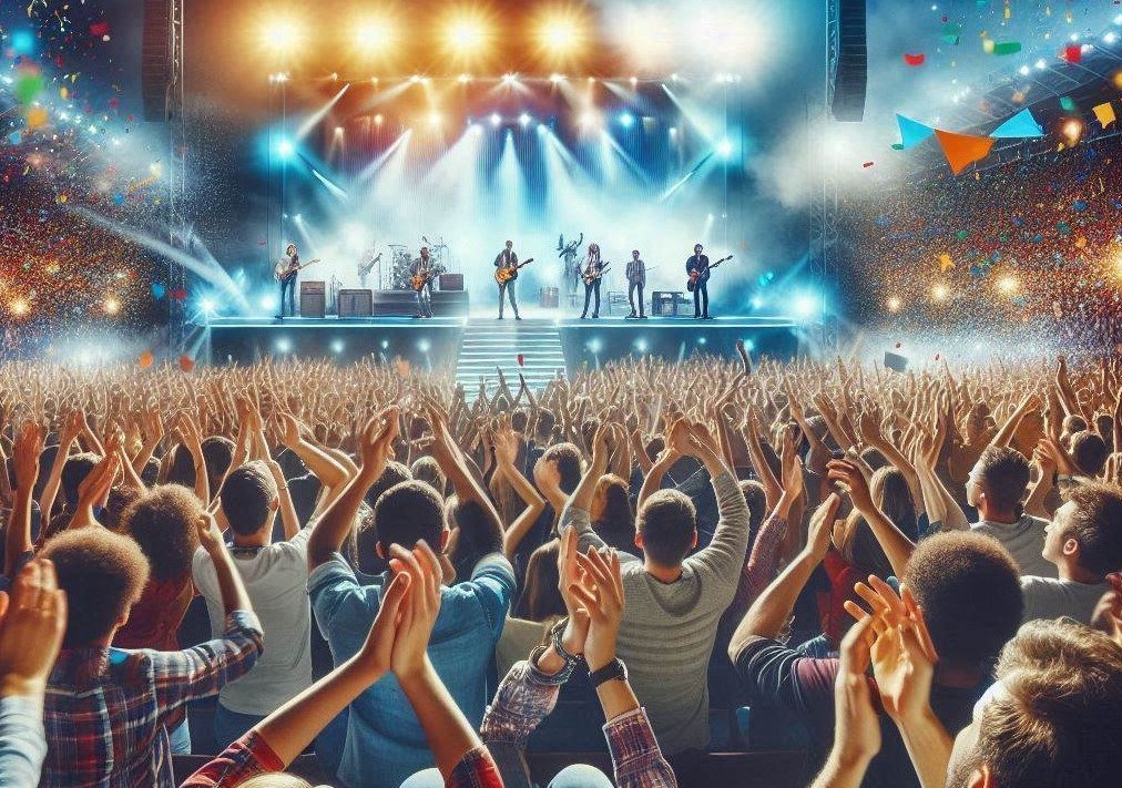 To beat or not to beat - delle persone ad un concerto rock, sullo sfondo un palco una band che suona - immagine generata con IA