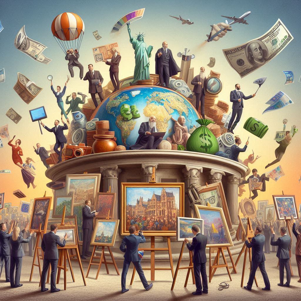 collezionisti intoeno al mondo come se fosse una casa d'aste con sacchi di denaro per cmpare le opere darte più csotose al mondo,. imamgine generata con AI
