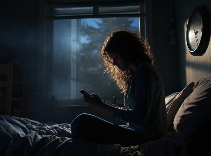 insonnia - una donna con lunghi capelli ricci è seduta sul letto con il cellulare in mano. La stanza è buia, illuminata solo dal chiarore della lune che proviene dalla finestra e sul muro sopra il letto c'è un orologio che segna le tre di notte