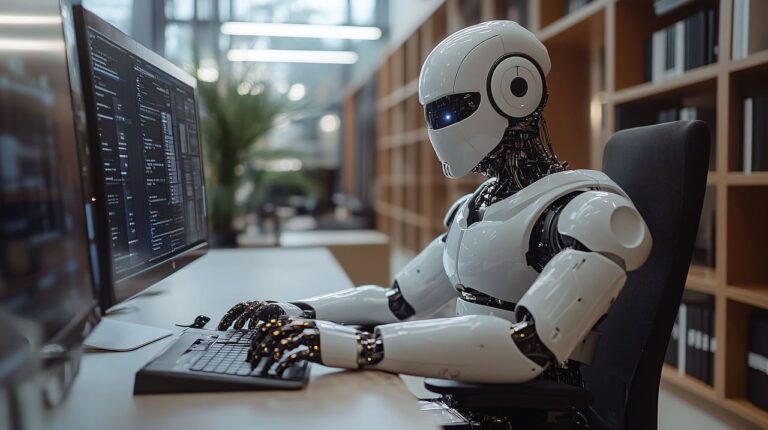 Open AI . un robot sta scrivendo al pc in un alibreria