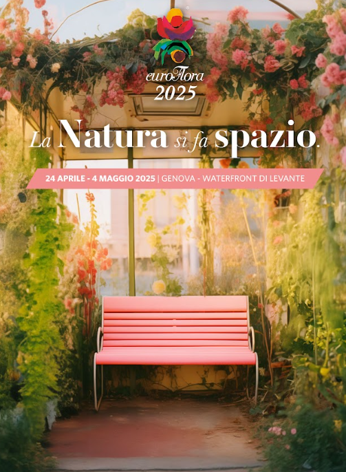 locandina con scritta la natura si fa spazio con panchina color rosa dentro una serra