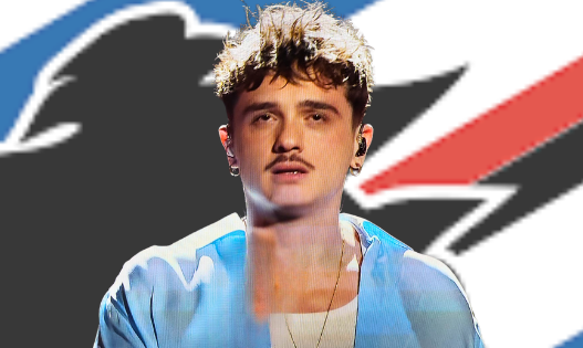 oecco perchè olly non doveva vicnere Sanremo - fotomontaggio di Olly con il simbolo della Sampdoria sullo sfondo