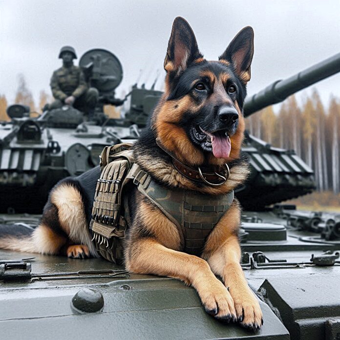un cane pastore tedesco, con paramento militare seduto sopra un carro armato. Dietro di lui sfocato, un carro armato con un soldato con elmetto che esce dal boccaporto