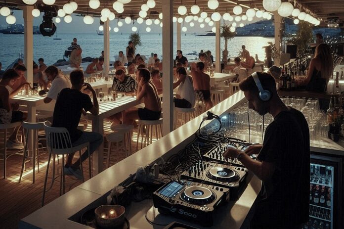 club dj locali - nella foto un locale sul mare con tanta gente seduta ai tavolini sotto un pergolato di paglia con delle luci e in primo piano la figura di un dj alla consolle sta mettendo della musica