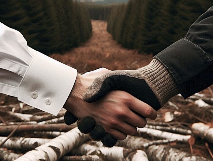 in primo piano, due mani di uomo che si stringono: un amano ha il polsino bianco della camicia e nero della giacca, l'altra mano indossa un guanto da lavoro. Lo sfondo deve essere un paesaggio di foreste o boschi.