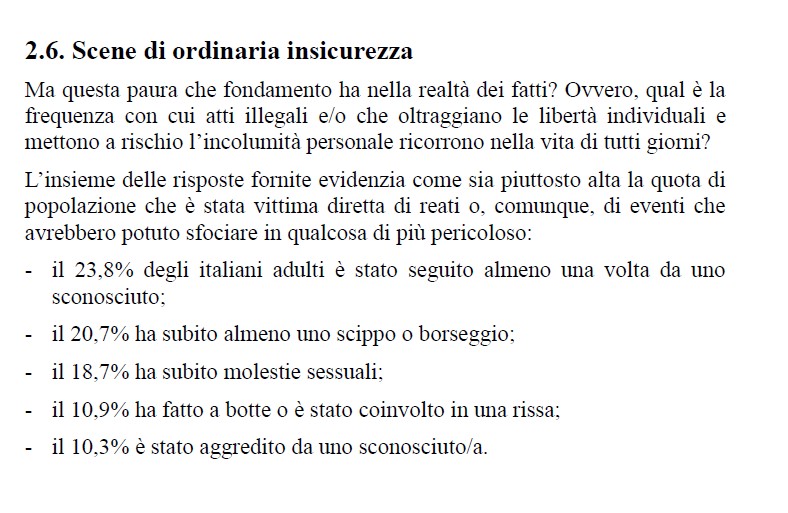 Microcriminalità e baby gang quando rientrare a casa fa paura - nella foto uno screenshot del rapporto Censis