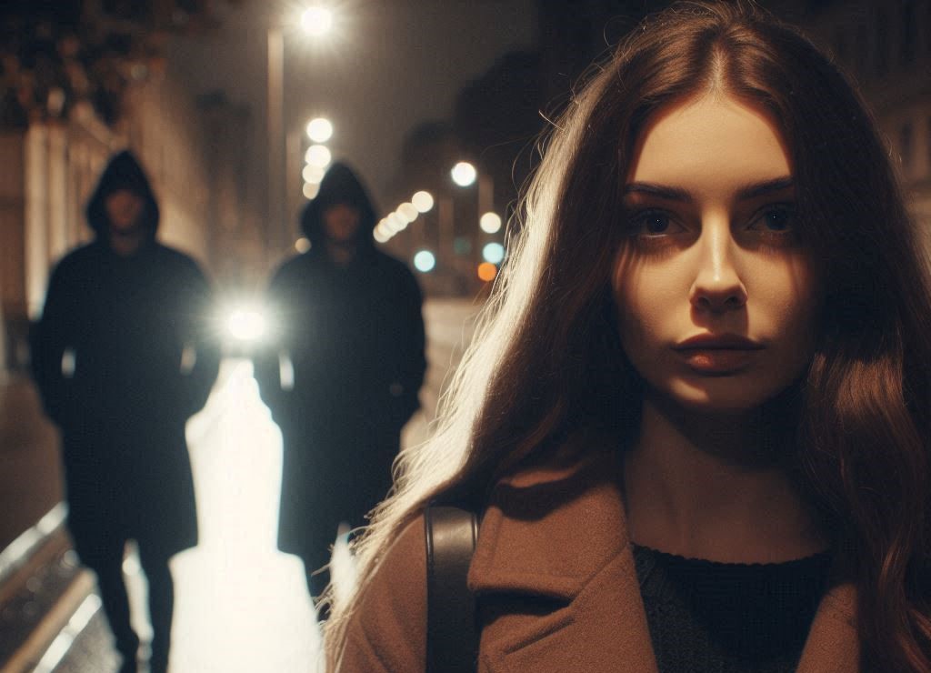 Microcriminalità e baby gang quando rientrare a casa fa paura - una strada di città, di notte, lampioni con luce fioca, in primo piano una donna di cui si vede il volto, capelli lunghi, cappotto, vista di fronte, cammina sta rientrando a casa, dietro di lei delle ombre di tre persone con felpa con cappuccio vestiti di nero che la seguono. non si vede il volto delle tre persone