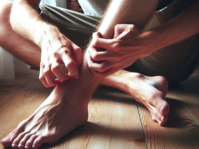 Pappataci - in primo piano le gambe di un uomo seduto che si sta grattando - immagine generata con IA Bing