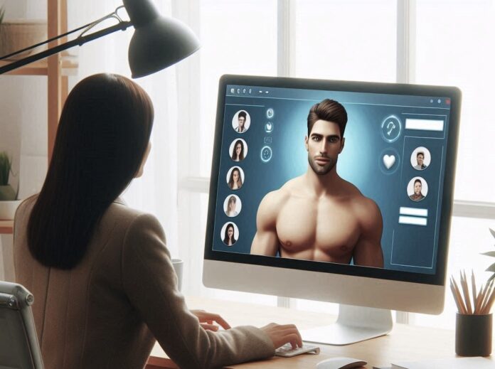 Replika - nella foto ci sono una donna seduta di spalle a una scrivania dove c'è un pc e sulla schermata del pc c'è un avatar uomo a mezzo busto con i pettorali in fuori,, La donna ha capelli lunghi neri, indossa una giacca chiara e sta guardando il pc. Sulla scrivania ci sono anche un portapenne e altri oggetti