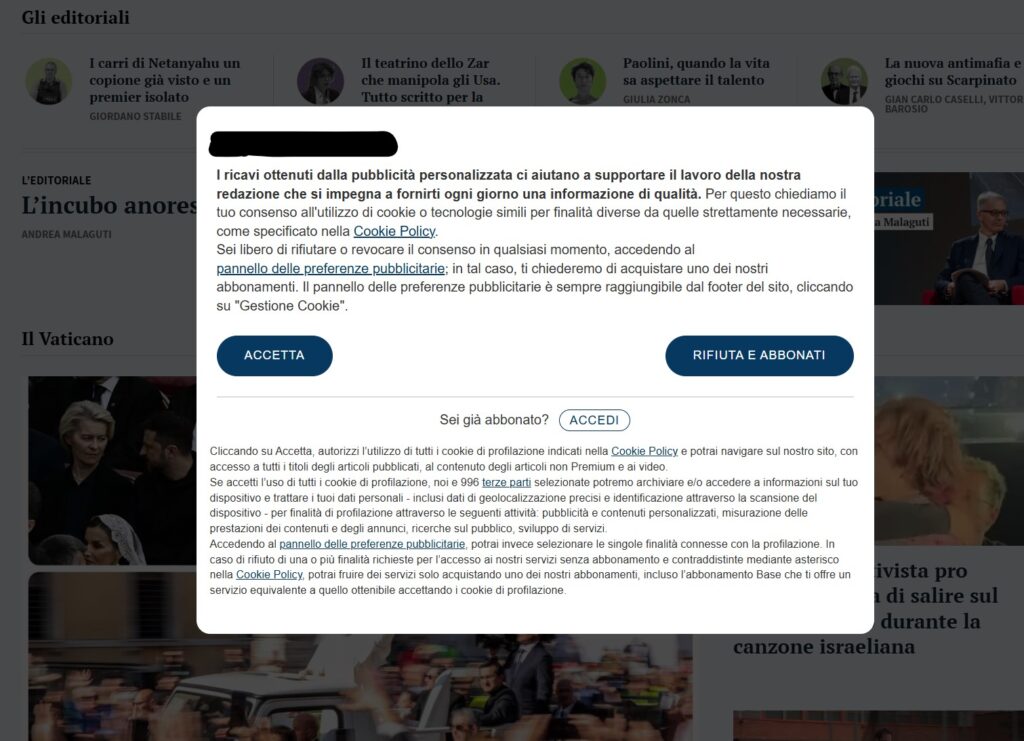 pay or ok la schermata di un giornale con la condizione di accetta o paga