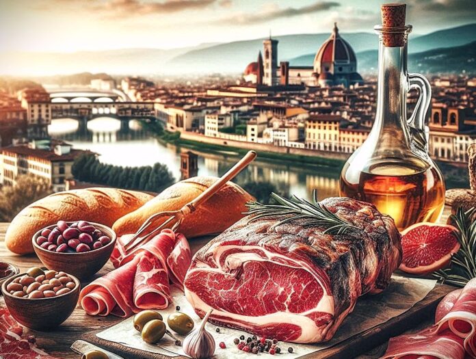 cucina toscana: sullo sfondo sfocato la panoramica dell'Arno con Firenze in primo piano una bistecca grossa con l'osso, dei salumi, un'ampolla d'olio con affianco delle olive, del pane a fette, dei fagioli, delle fette di prosciutto crudo
