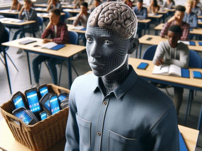 Cellulari vietati alle superiori dipendenza da smartphone . un'aula con tanti banchi e degli adolescenti seduti, in primo piano un paniere con dentro tanti smartphone e un ragazzo in grigio di cui si vede il cervello in testa e dalla faccia al corpo ha un reticolo cibernetico - foto generata con IA