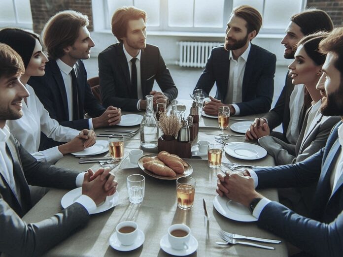 argomenti di conversazione a tavola - una tavola imbandita con gente seduta intenti a chiacchierare piacevolmente - immagine generata con IA Bing