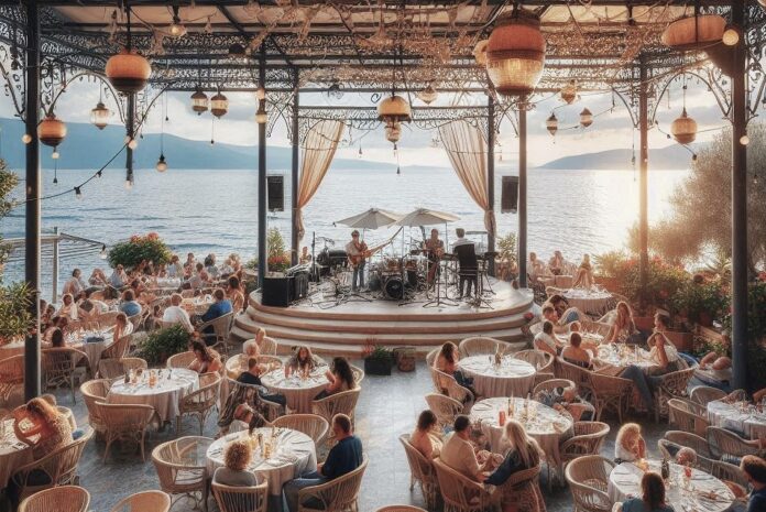 Hotel spiagge e ristoranti intrattenimento - una spiaggia con un dehor all'aperto, con tanti tavolini e gente seduta, in un angolo un palco con una band che intrattiene la gente