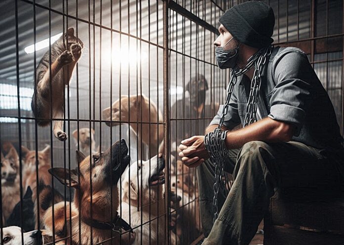 Maltrattamenti su animali abbandono di animali - nella foto un uomo con una catena al collo seduto in una gabbia e ha le mani legate con una catena, un bavaglio alla bocca, fuori dalla gabbia dei cani e dei gatti liberi che lo guardano. Immagine creata con IA Bing