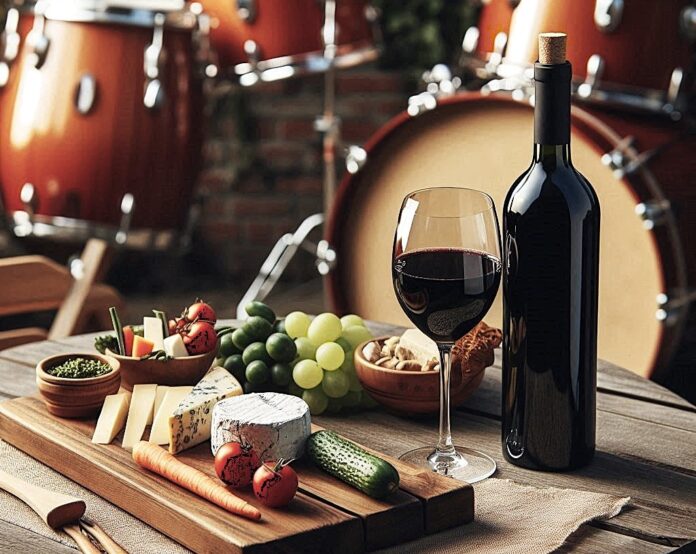 Monferrato on stage 2025 - nella foto su un tavolo di legno che si trova all'aperto, ci sono una bottiglia di vino rosso, un calice con il vino rosso, un piatto di formaggi, delle verdure, e sullo sfondo uno strumento musicale batteria - Immagine generata con IA Bing