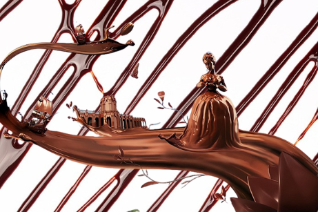 sfondo bianco e strisce di cioccolato diagonali e al centro una scia di cioccolato con una barca, un palazzo e una damina dell'ottocento, tutte di cioccolato