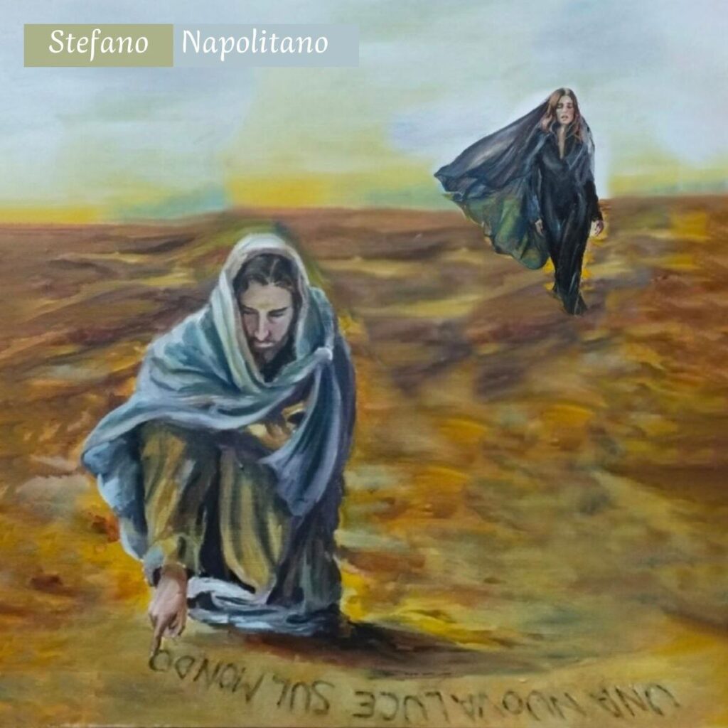 Stefano Napolitano - la copertina dell'album un disegno di Gesù e la Maddalena nel deserto. Gesu con manto azzurro è chinato in ginocchio la Maddalena è sullo sfondo