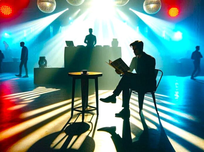 ballare - nella foto Un dancefloor vuoto illuminato da luci colorate, ritratto in ombra di un DJ dietro la consolle e un uomo nella pista vuota intento a leggere una rivista