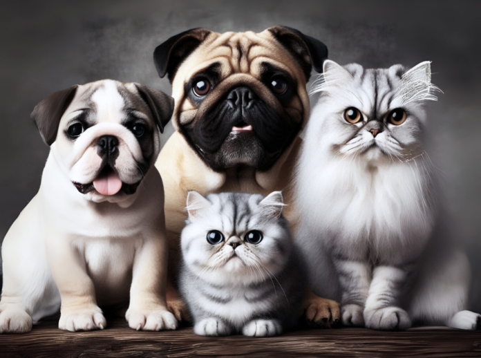 Cani e gatti a muso corto hanno naso schiacciato sono bianchi e beige e stanno seduti guardando l'obbiettivo - immagine generata con IA Bing