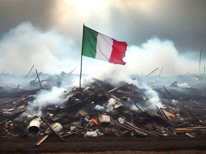 Italiani in guerra - la bandiera italiana verde bianca e rossa sventola su un cumulo di macere e intorno tanto fumo illuminato dai raggi pallidi del sole - immagine generata con IA Bing