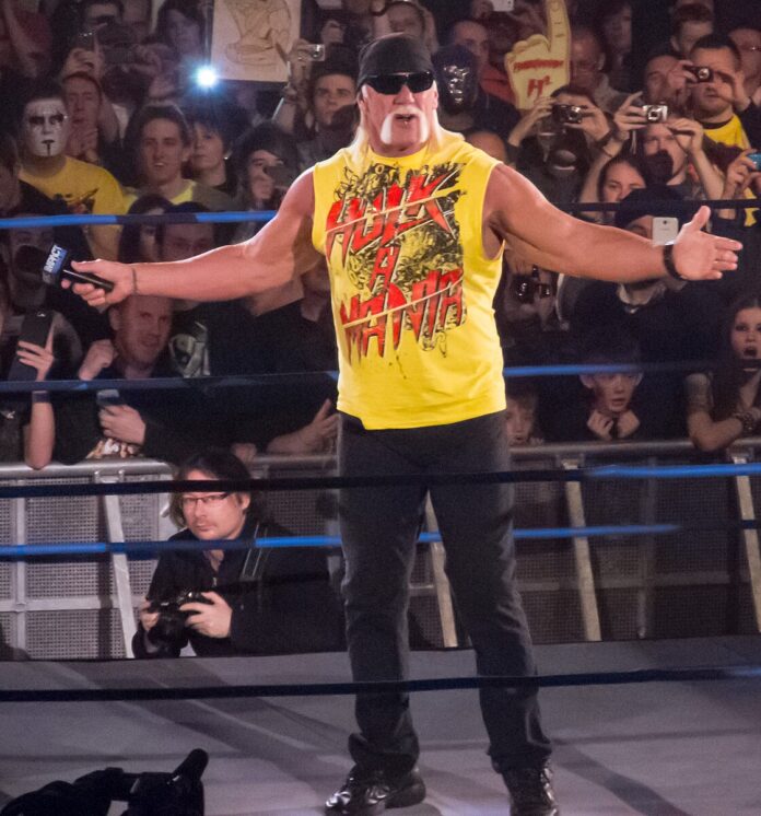 hulk hogan in primo piano, a braccia aperte, indossa una canotta gialla e occhiali neri. Ha lunghi capelli bianchi e grossi baffi bianchi
