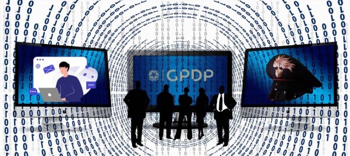 Privacy online Arma dei carabinieri e garante - nella foto sullo sfondo bianco dei cerchi con numeri 0 e 1, al centro della foto tre schermi pc blu ocn cornice nera in quello a sinistra c'è il disegno di unomino che è seduto al cpmpute re intorno alla sua testa c'è il disegno di una busta, due fumetti con tre puntini e una chiocciola; nello schermo al centro la scritta GPDP, in quello a destra il berrretto dei arabinieri con la fiamma. Davanti agli schermi delle sagome nere di persone