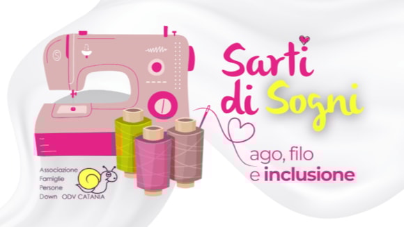 Sarti di sogni . la locandina con un amacchina per cucire rosa dei rocchetti di filo giallo rosa e viola e la scritta