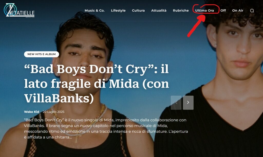 Notizie dal mondo - lo screenahot della pagina iniziale del magazine con le sezioni in alto
