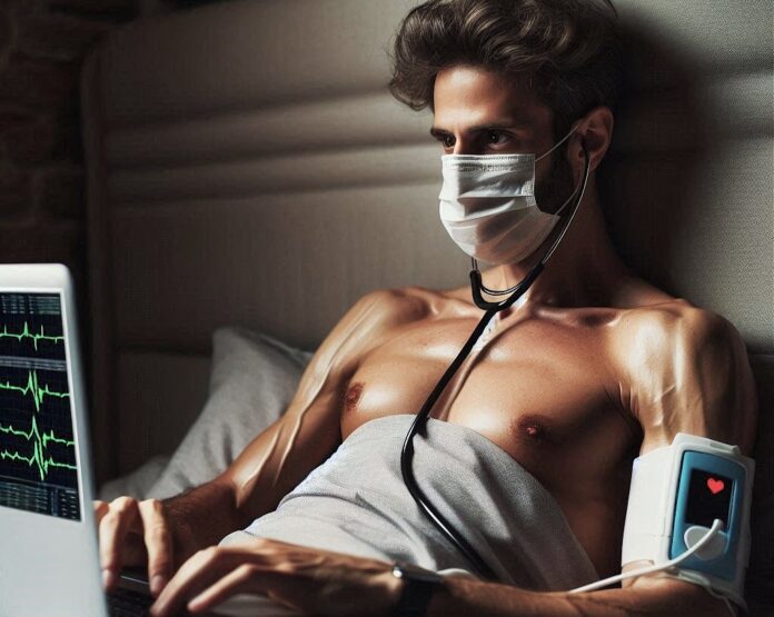 Diagnosi online e parere medico gratuito con l'IA c'è da fidarsi - immagine generata con IA - un ragazzo giorvane, bello, con folto ciuffo è a letto, apetto nudo, indossa la mascherina chirurgica, lo stetoscopio al collo, un frequenzimetro al braccio con il simbolo del cuore e sta diggitando su una tastirera di un laptop dove si vede un elettrocardiogramma verde