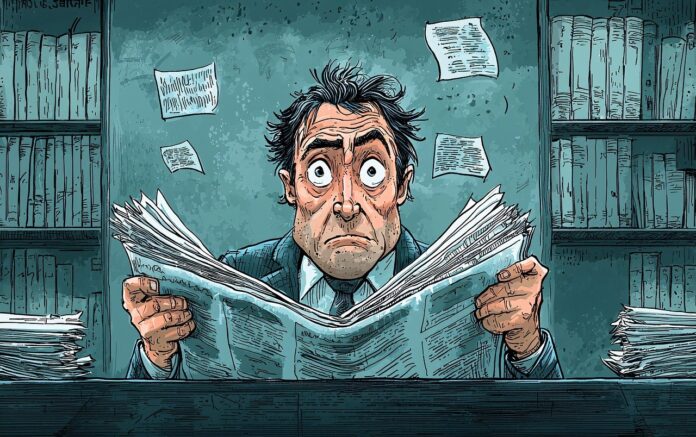 Botulino, West Nile, Colpi di calore, un fumetto rappresentante un uomo con grandio occhi, spaventato, sta leggendo un giornale e guarda stupito nel vuoto