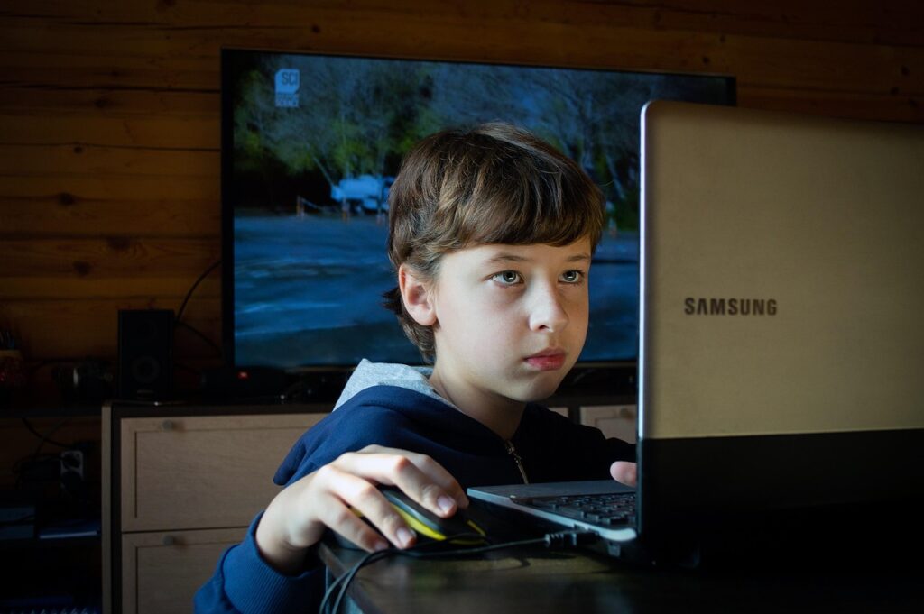 Garante navigare in internet - nella foto un bambino con felpa blu sta guardando lo schermo di un pc e muovendo il mouse con la mano