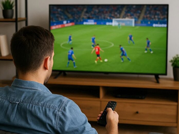 Partite in streaming gratuito Attenzione nuove regole contro la pirateria online - un uomo seduto su un divano con il telecomando in mano guarda una partita di calcio in TV