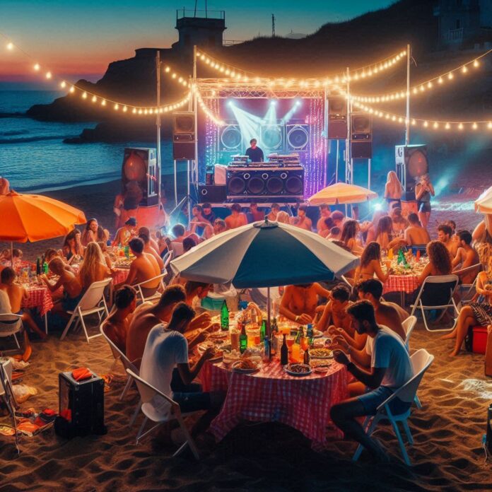 playlist di ferragosto - nella foto persone sedute ai tavoli intente amangiare in riva al mare, sotto gli ombrelloni, sullo sfondo un deejay