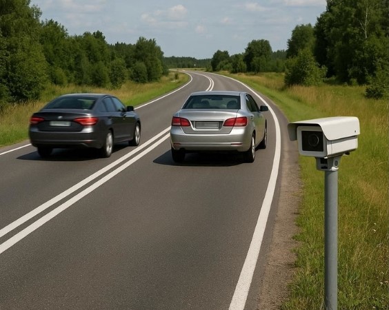 Sorpassometro - una strada con doppia linea di divieto di sorpasso, due auto nello stesso senso di marcia, un'auto sorpassa l'altra e a bordo strada una telecamera - immagine generata con IA