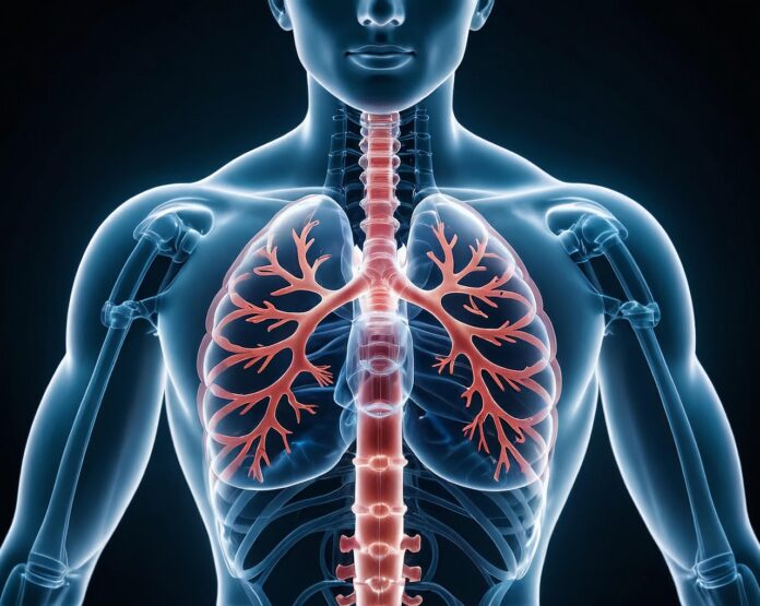 Cancro al polmone - nella foto la sagoma grigia di un uomo, trasparente con disegnati i polmoni e deltro il rosso segnate le vene e la colonna vertebrale, lo sfondo è nero