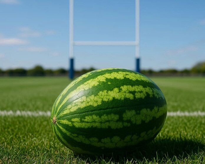 Federazione Italiana Rugby - su un campo da rugby, in primo piano, un cocomero a forma di pallone da rugby - immagine generata con AI Bing