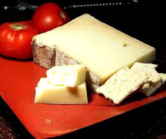 Formaggi a latte crudo - nella foto su sfondo nero un piccolo rettangolare rosso con sopra un trancio di formaggio Fontina , del parmigiano e un pomodoro